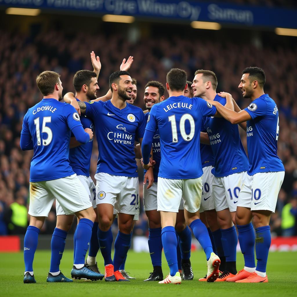 Leicester City players celebrating their historic Premier League win