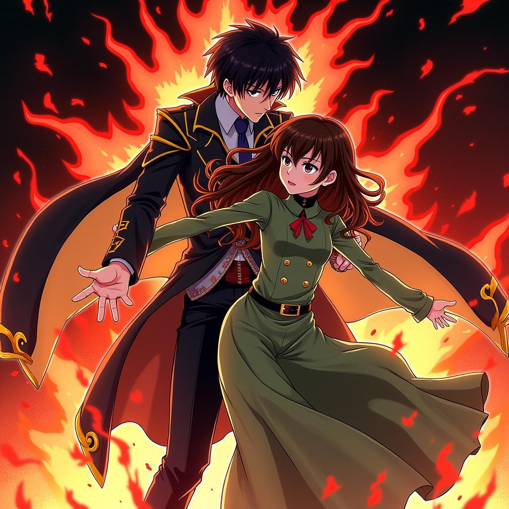 Lelouch, using his Geass, protects CC amidst a chaotic battlefield