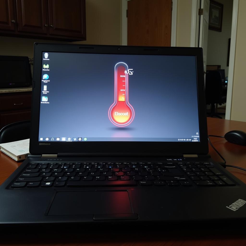 Lenovo T410 laptop experiencing overheating, indicated by a high temperature warning on the screen.