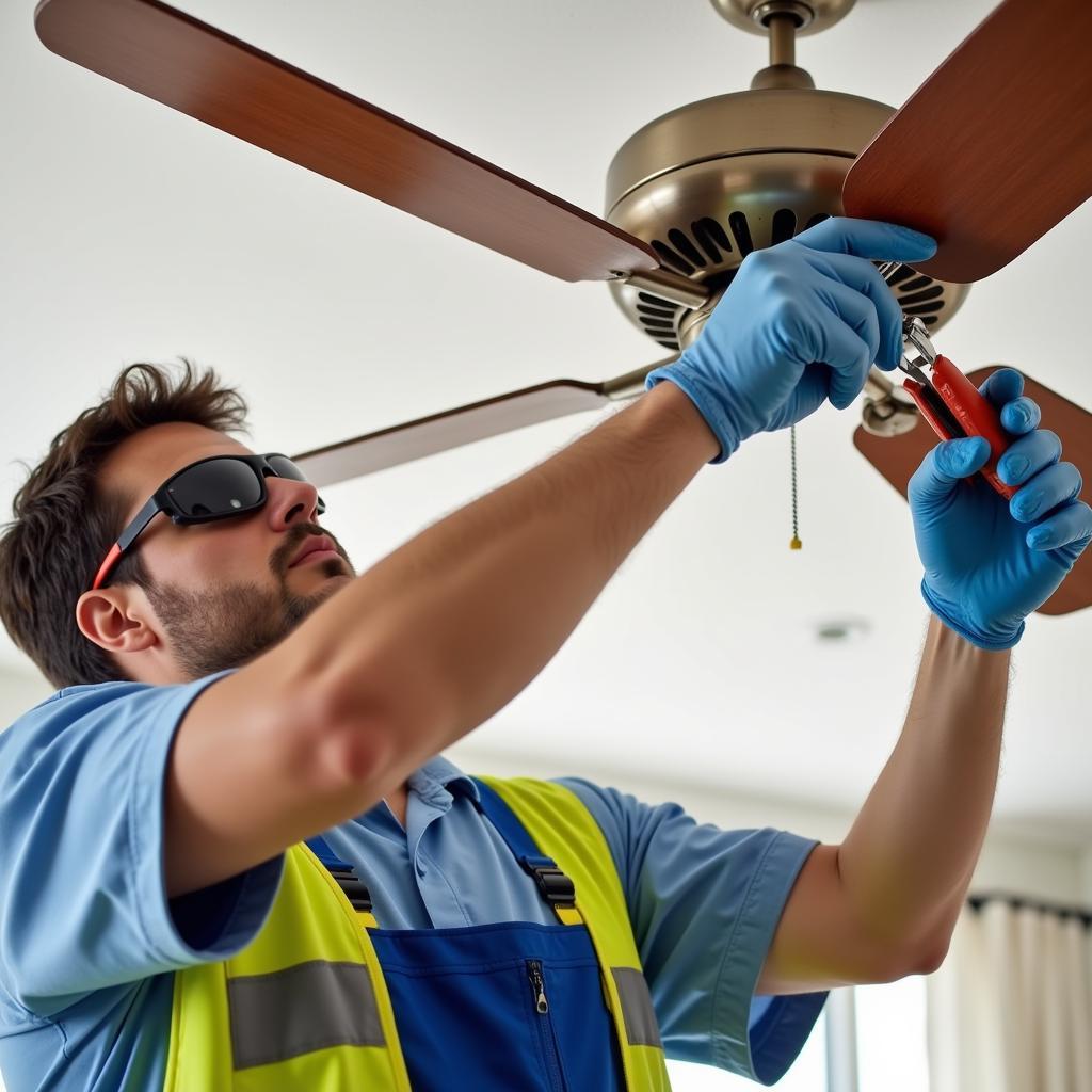 Licensed Electrician Performing Ceiling Fan Repair