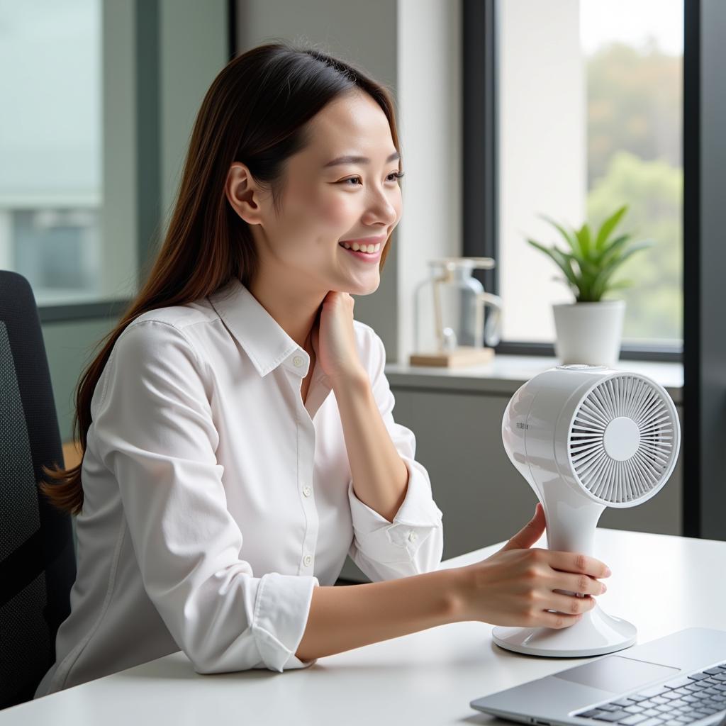 Woman using a lileng portable fan in an office