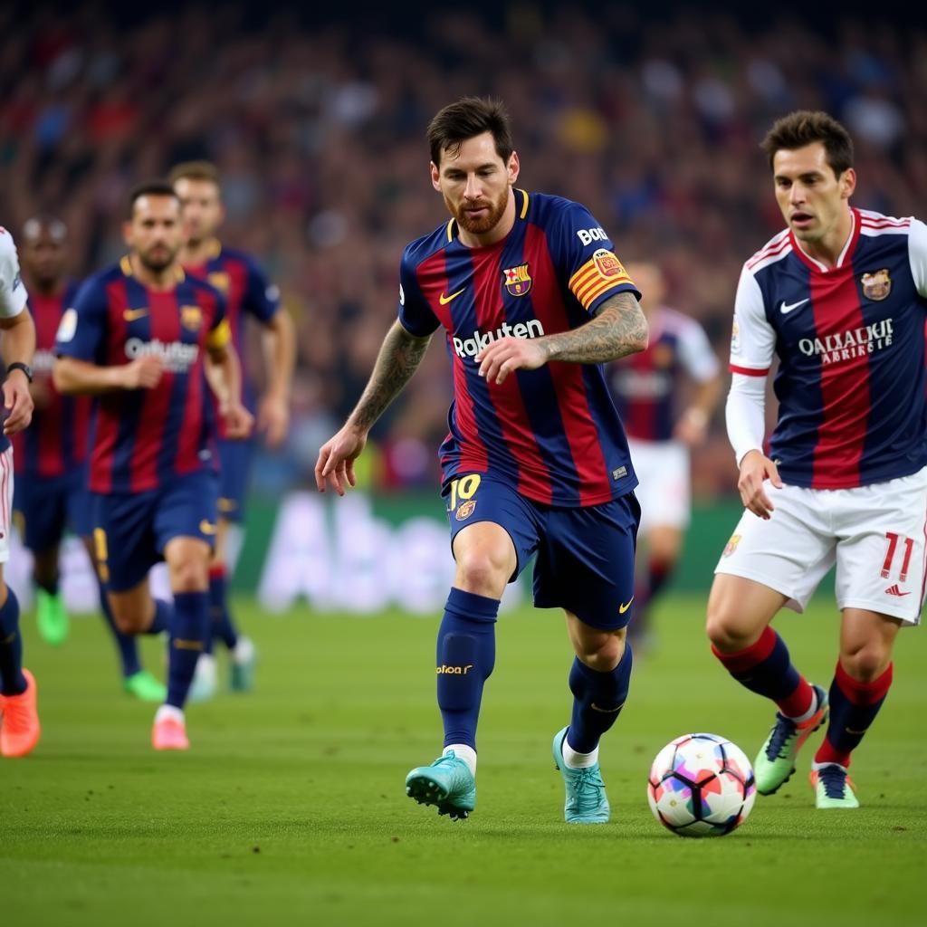 Lionel Messi weaving through defenders