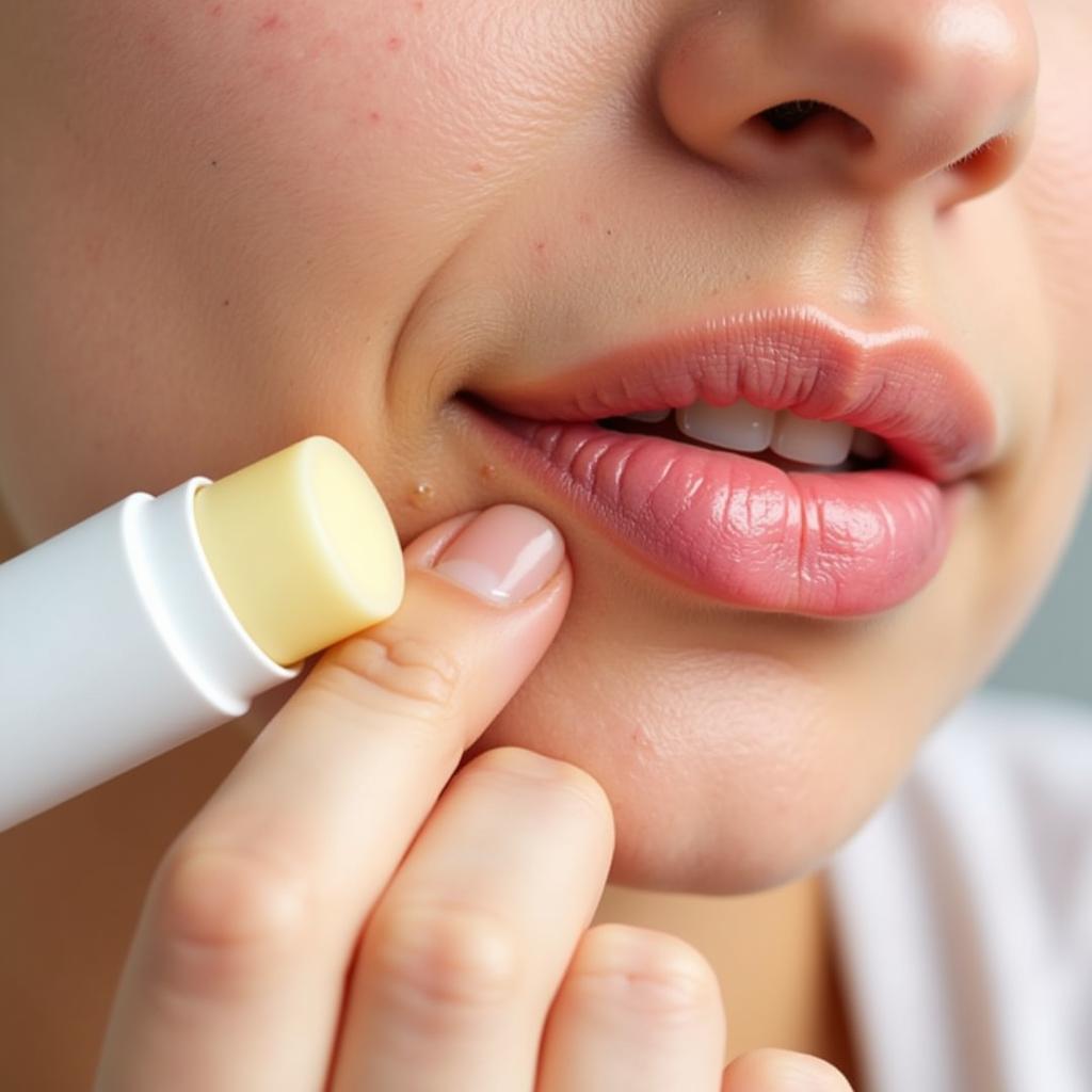 Applying lip balm to dry lips