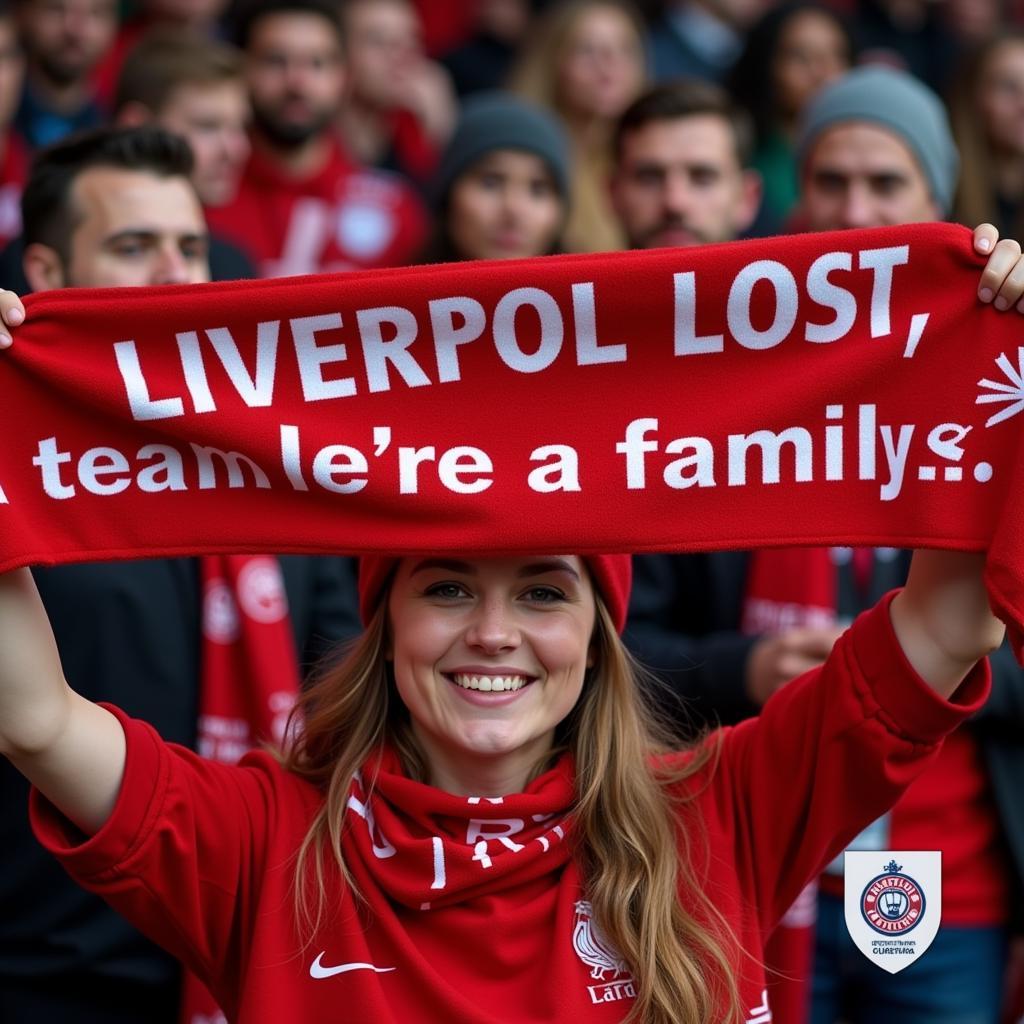 A Liverpool fan proudly displays a scarf with a famous quote