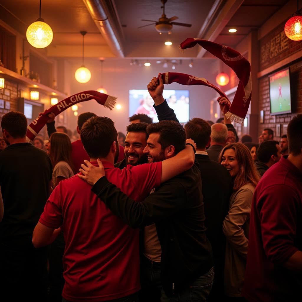 Liverpool fans celebrating a goal in a pub