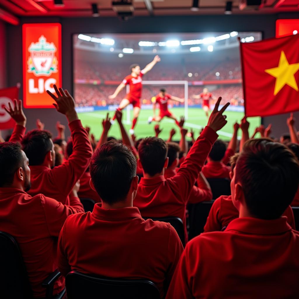 Liverpool FC Fan Club Vietnam erupts in celebration during a match screening