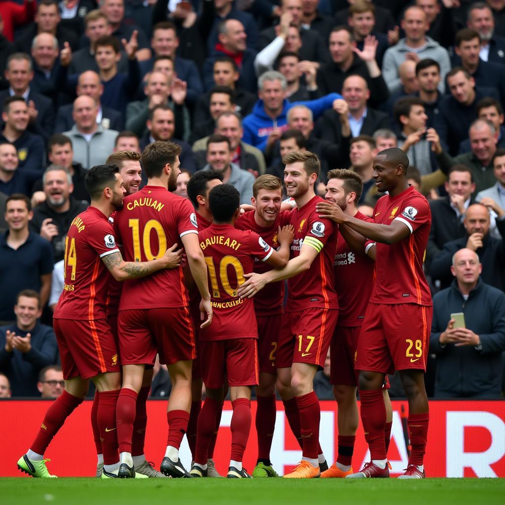 Liverpool players celebrating with fans