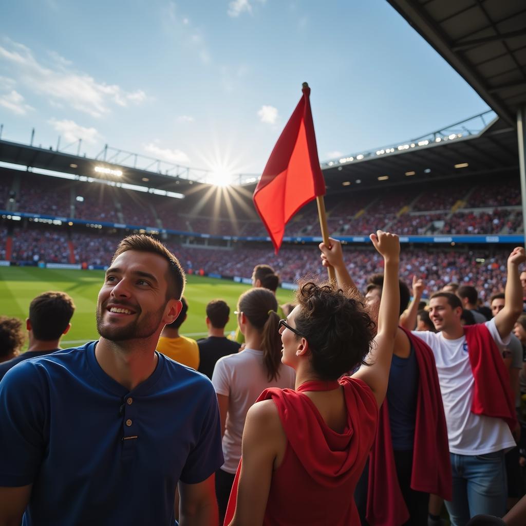 Football fans cheering despite their team trailing behind