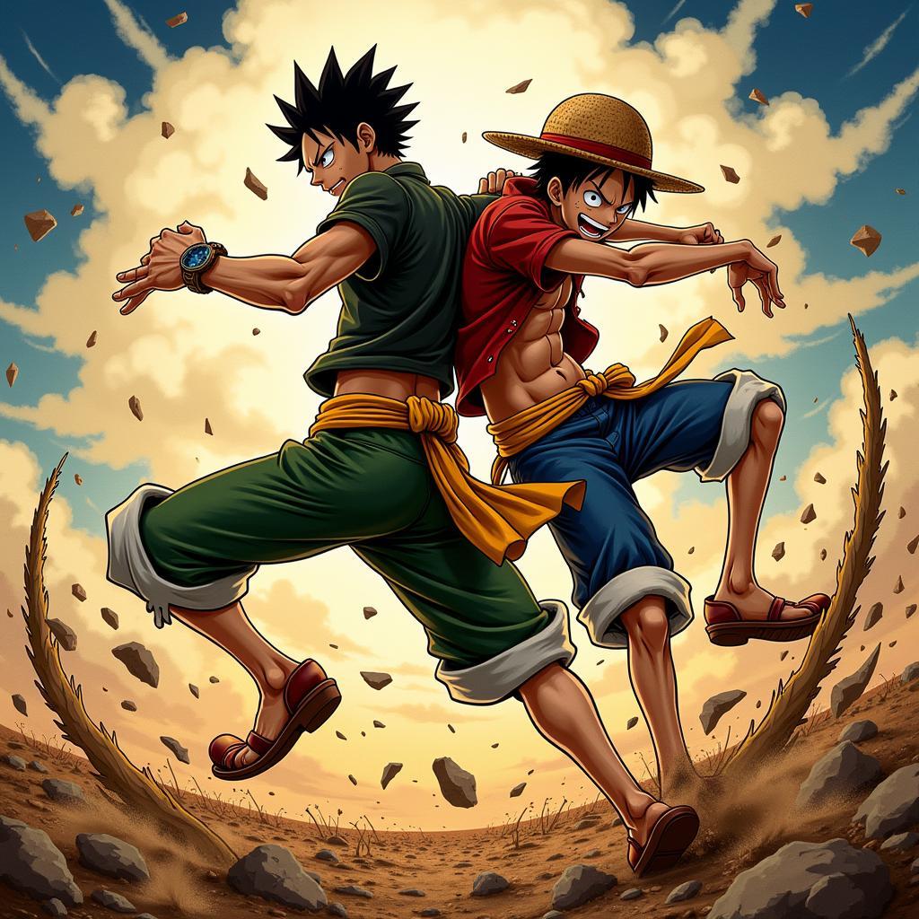 Luffy and Zoro fighting side-by-side