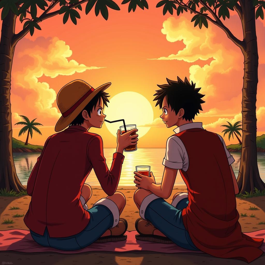 Luffy and Zoro sharing a drink