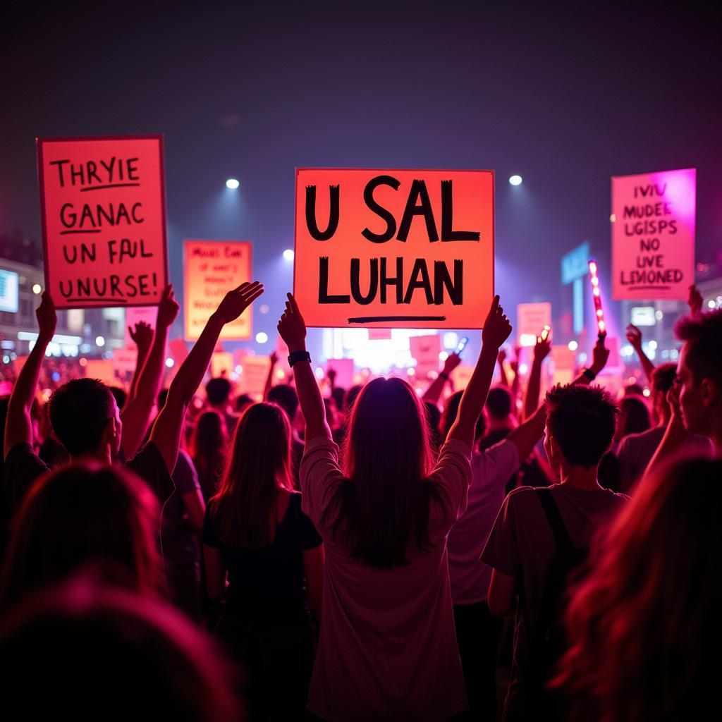 A group of excited fans holding up banners and light sticks at a Luhan fan meeting.