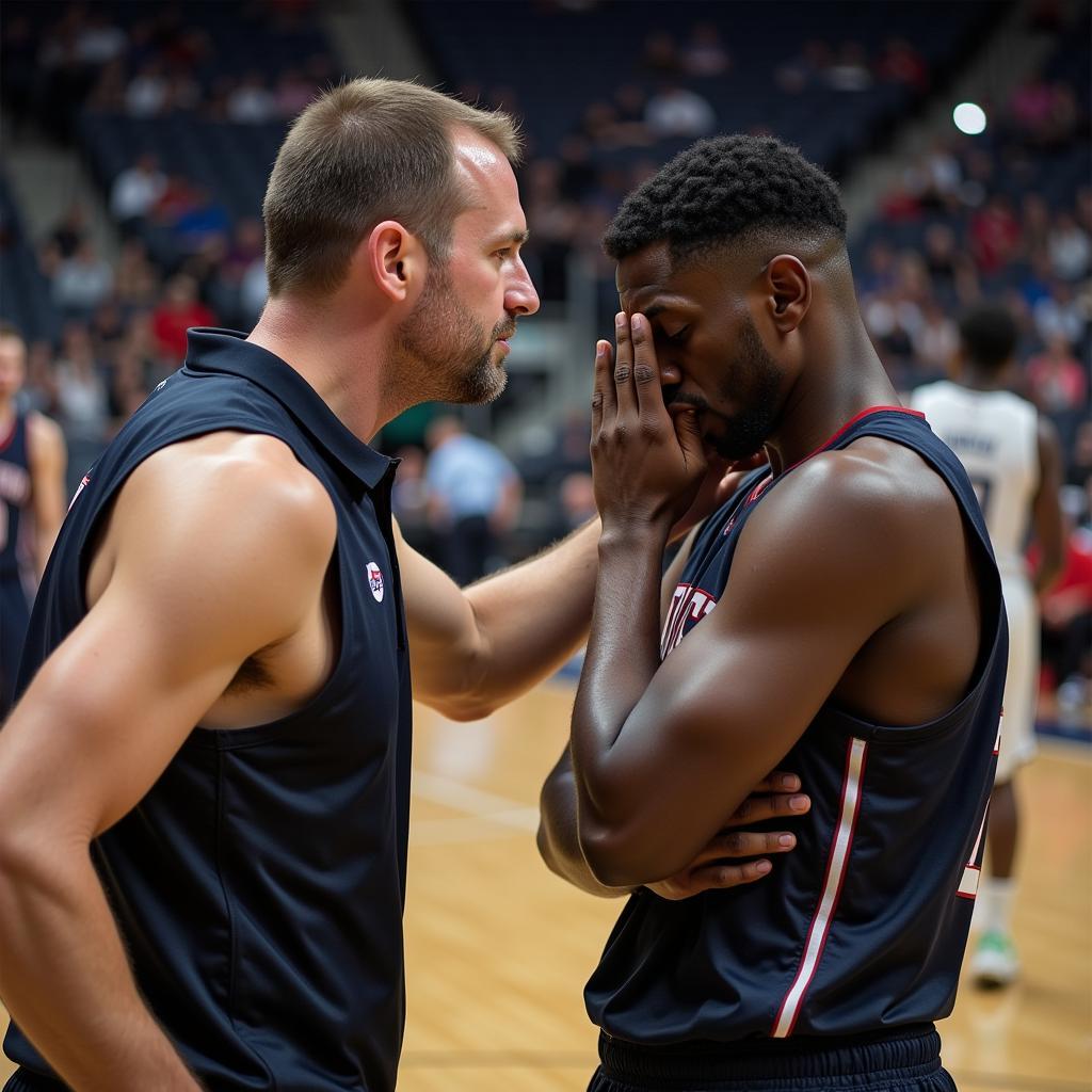 A coach consoling a disappointed player after a loss