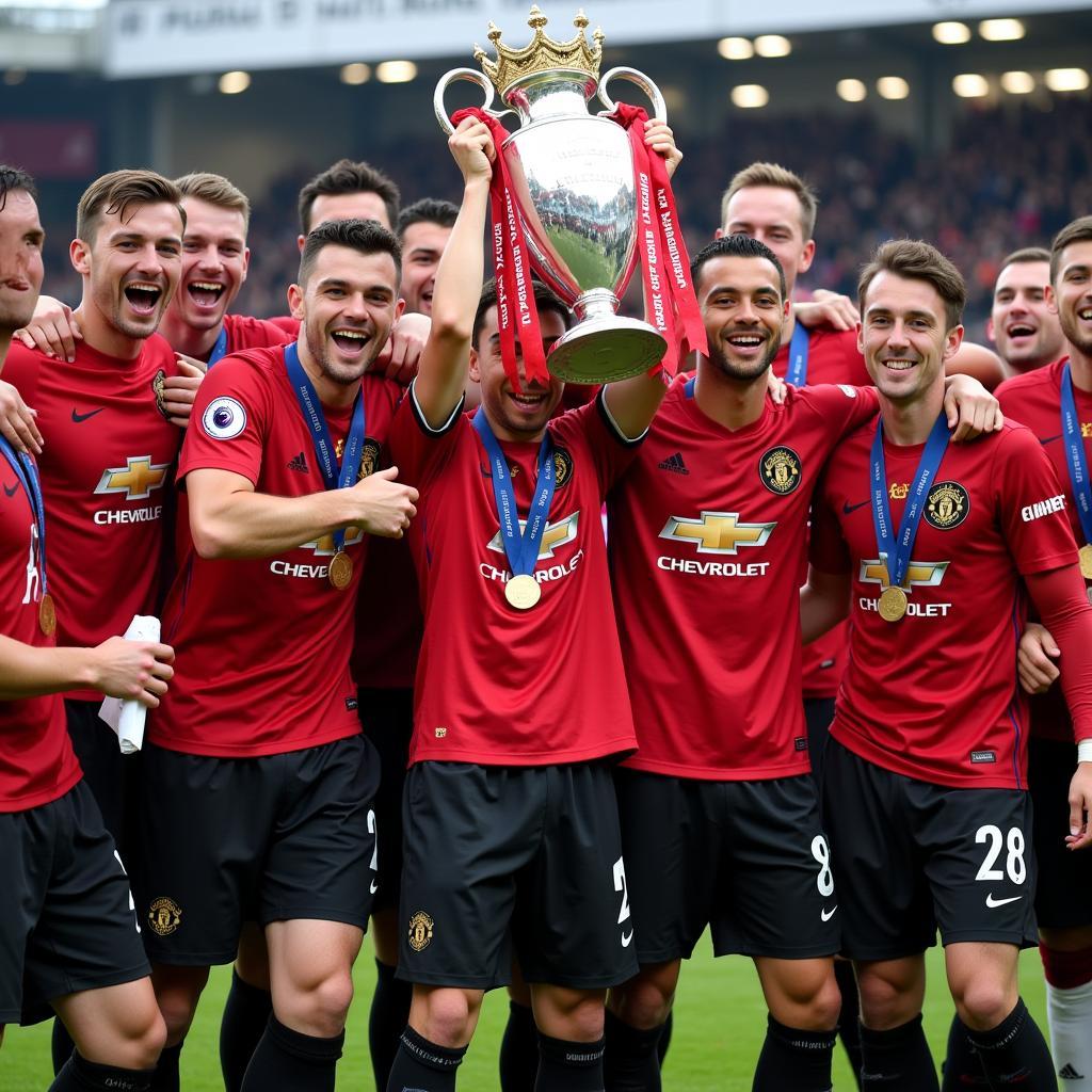 Manchester United players celebrating their 19th Premier League title in 2011