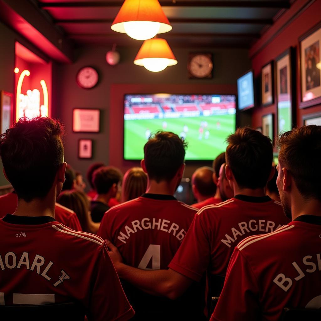 Diverse group of Manchester United fans cheering enthusiastically at a pub, their faces illuminated by the television screen showing a match.