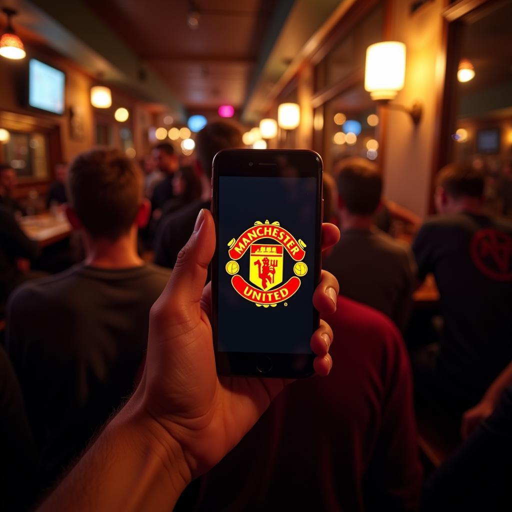 Manchester United Fan Holding Phone with Club Crest