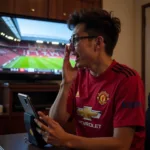 Manchester United fan live streaming on Bigo Live during a match