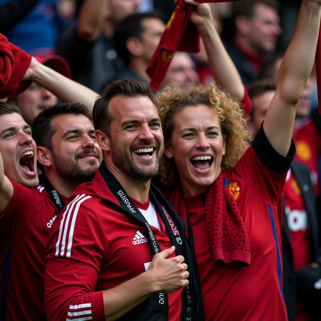 Manchester United fans erupt in celebration after a goal