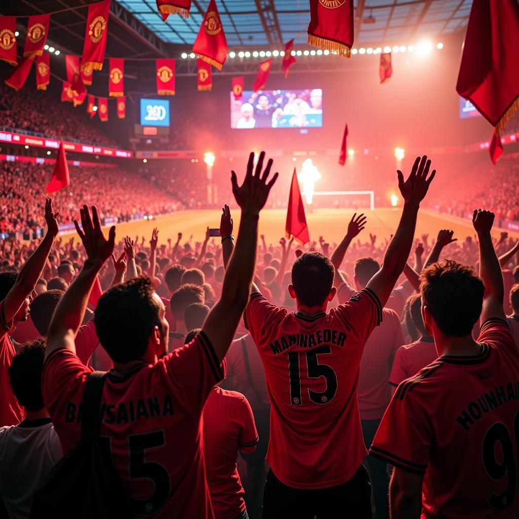 Manchester United Fans Celebrating: The passion and energy of the Red Devils' supporters.