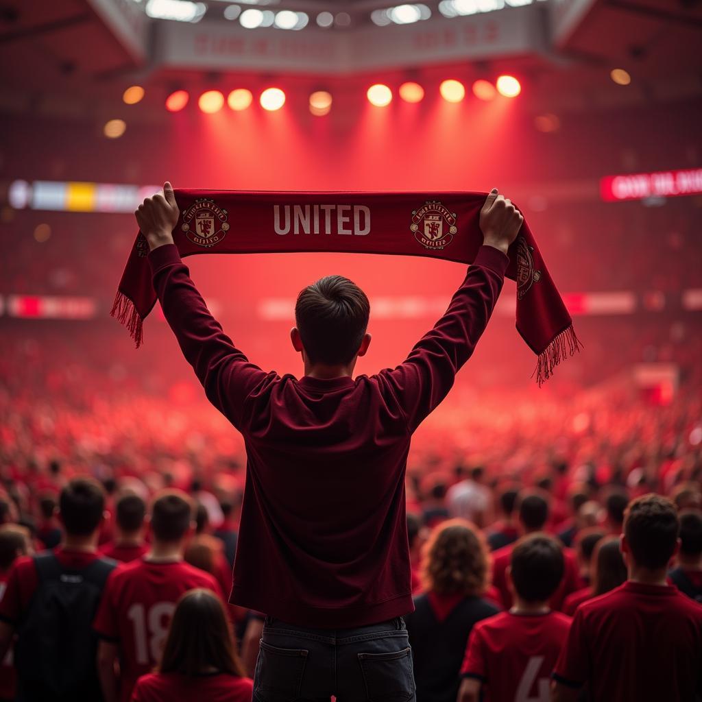 A fan holds up a Manchester United scarf in a crowded stadium