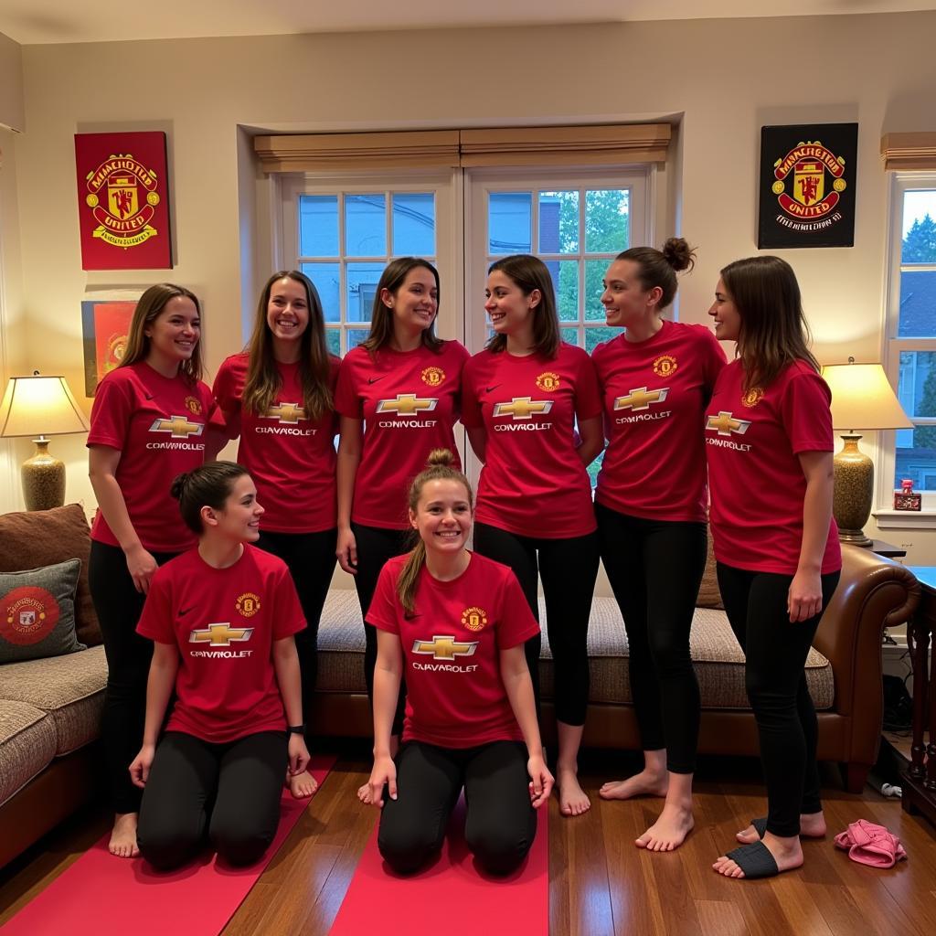 A group of friends practicing yoga together at home, wearing Manchester United gear.