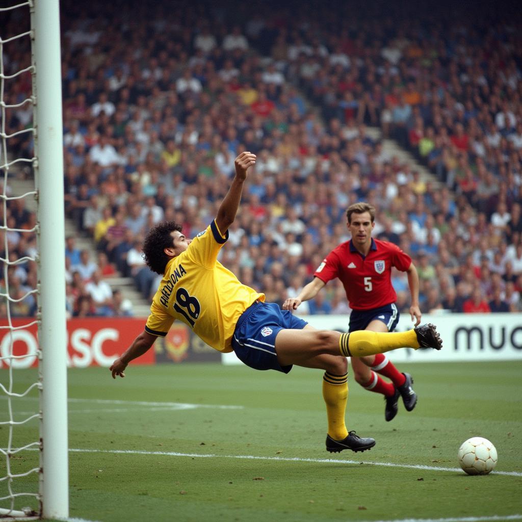 Diego Maradona controlling the ball with his hand