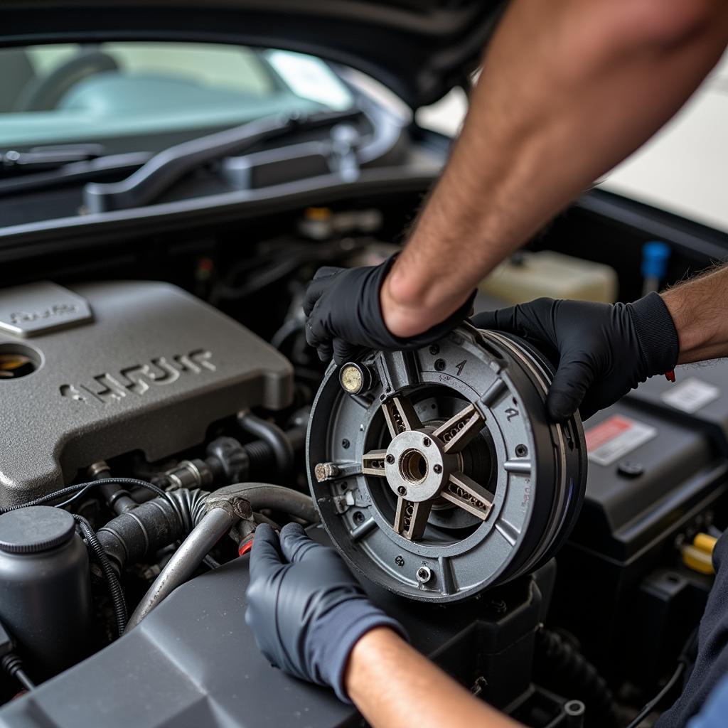 Mechanic Replacing a Car Fan Clutch