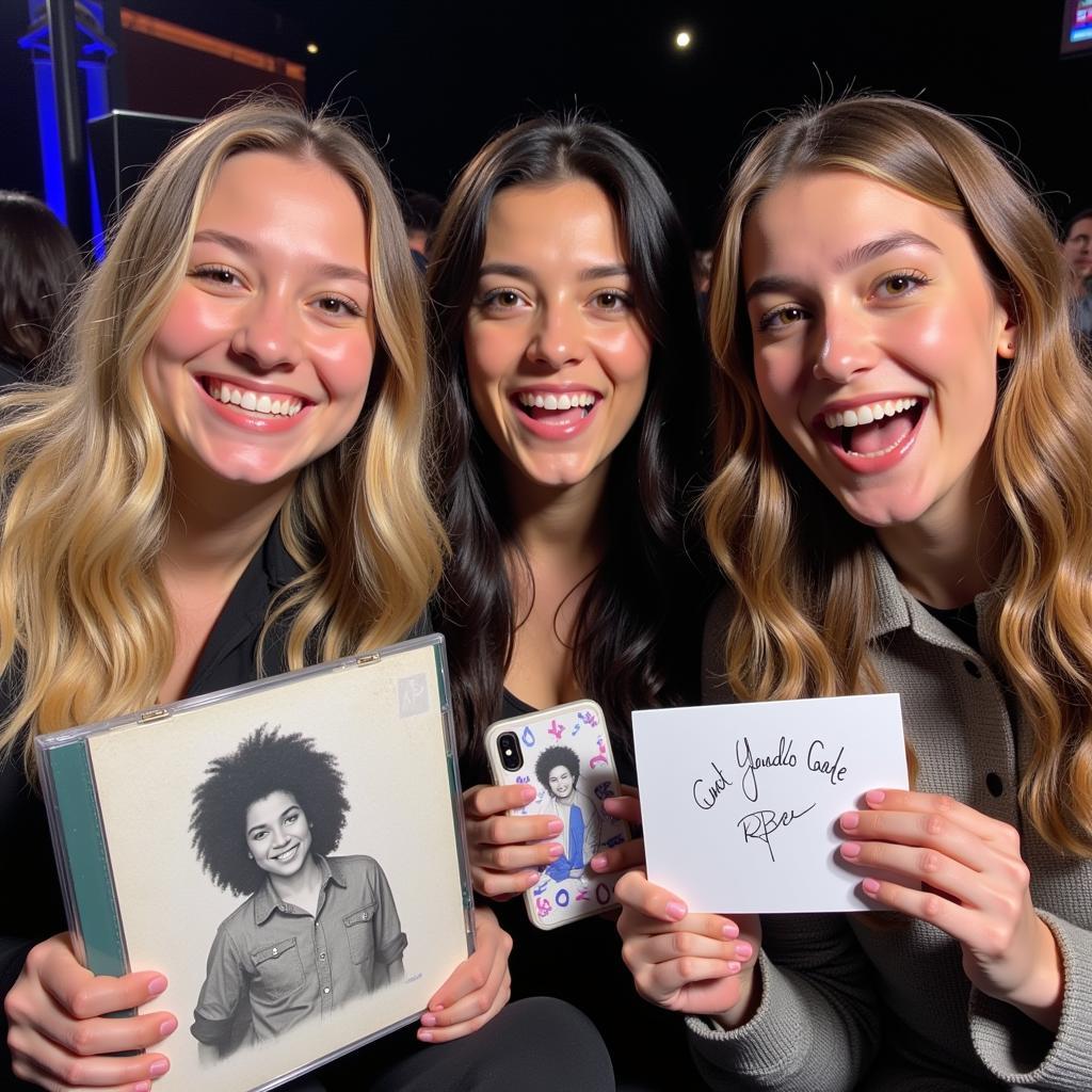 Fans holding personalized gifts at a fan meeting