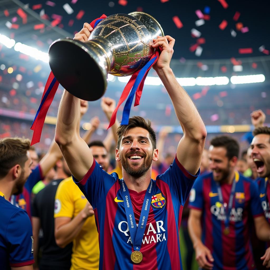 Lionel Messi holding a trophy aloft amidst a shower of confetti