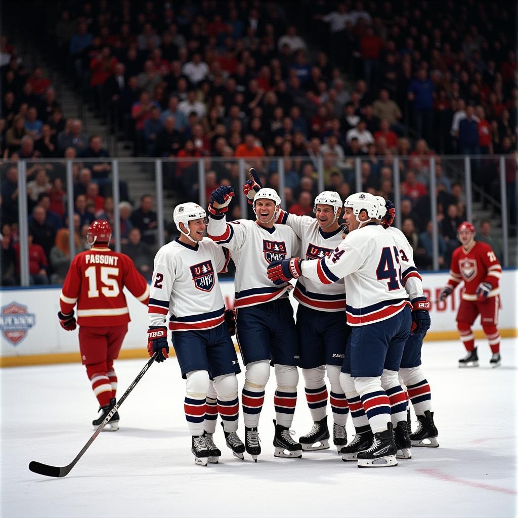 US Hockey team celebrating their victory over the Soviet Union