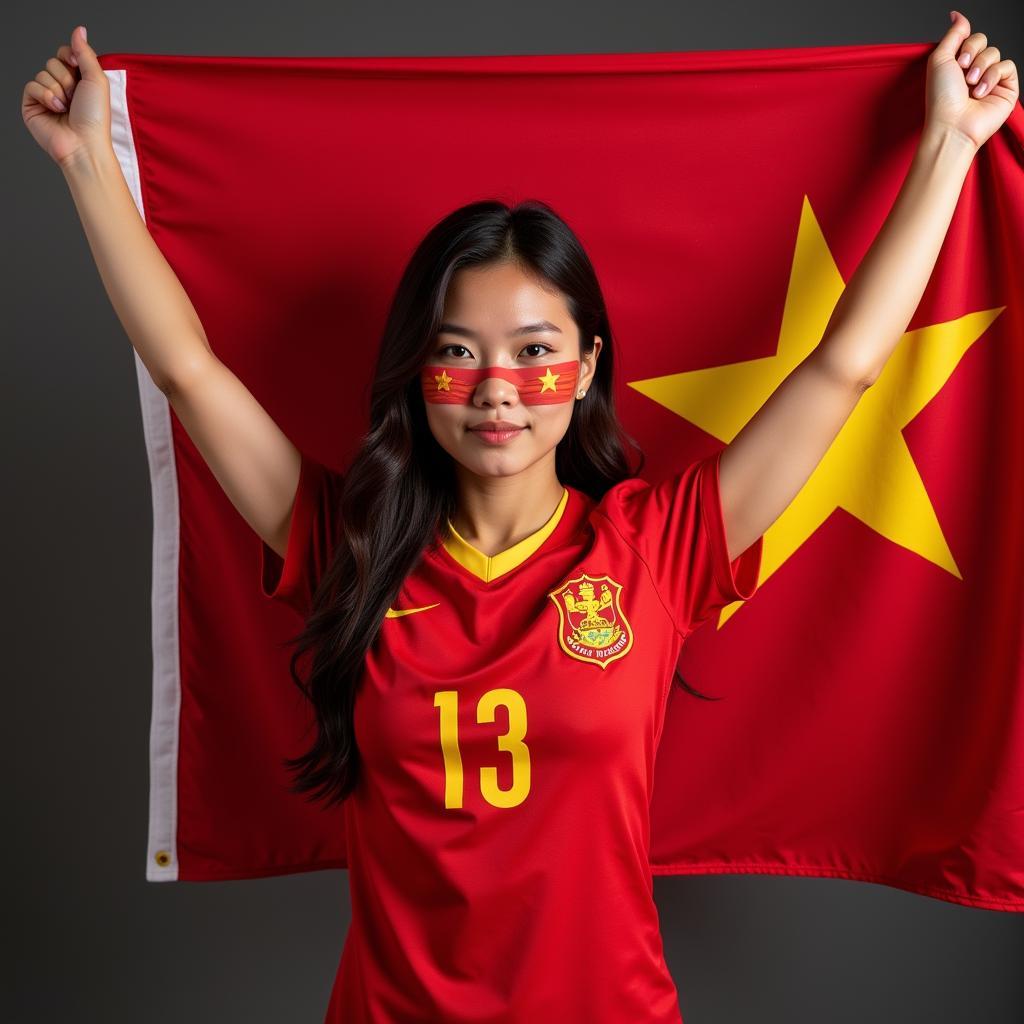 A young Vietnamese woman posing in a football jersey, holding the Vietnamese flag