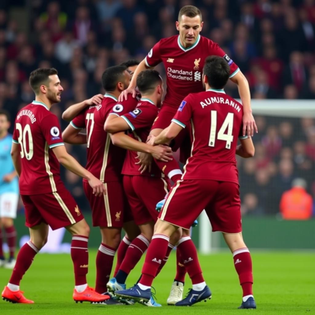 Liverpool players celebrating with Mo Salah