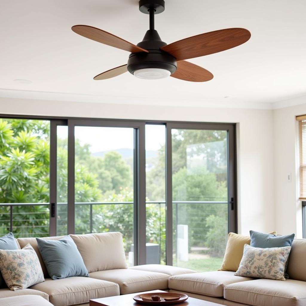 Modern ceiling fan cooling a spacious living room in Brisbane