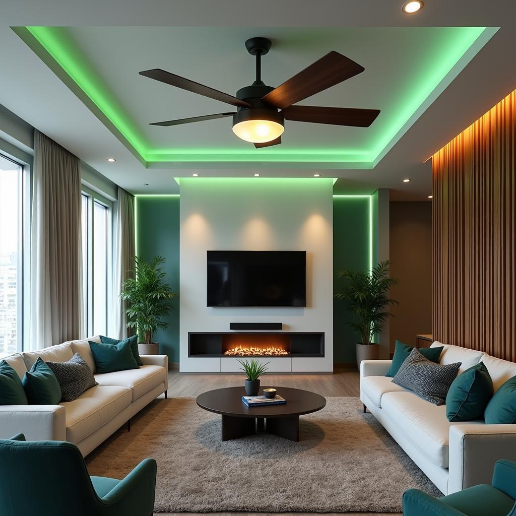 Modern living room with an Eagles ceiling fan