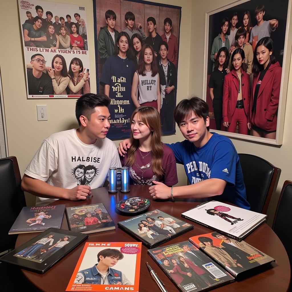 Kpop fan surrounded by merchandise from various groups.