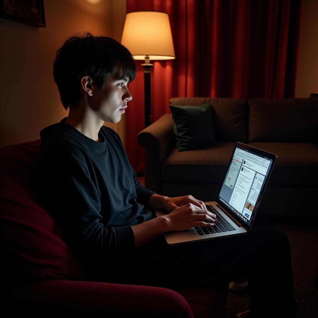 Musician reading fan comments on laptop