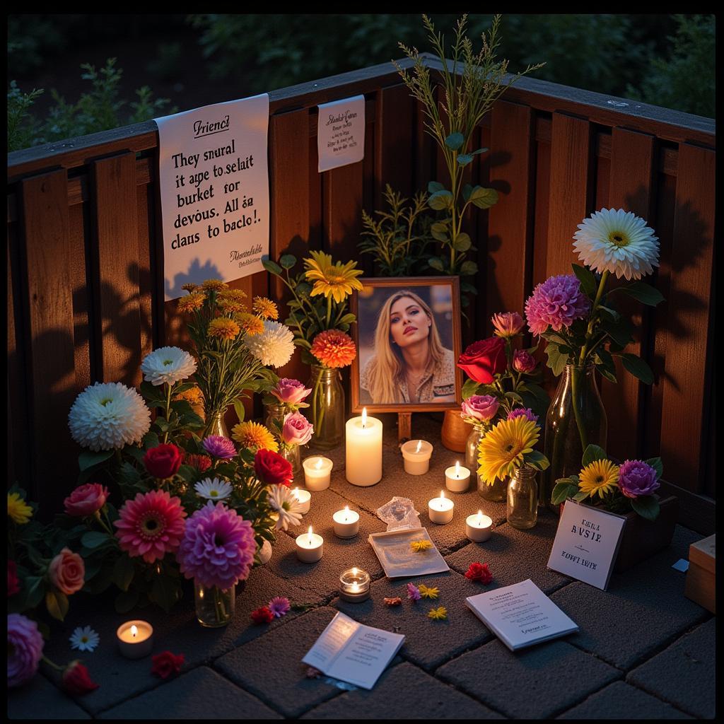 Memorial with candles and flowers for a slain musician