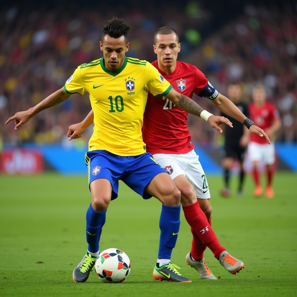 Neymar dribbling past a Serbian defender