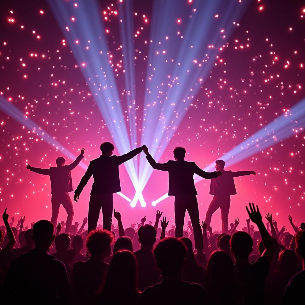 NU'EST performing on stage with a sea of L.O.Λ.E lightsticks in the background