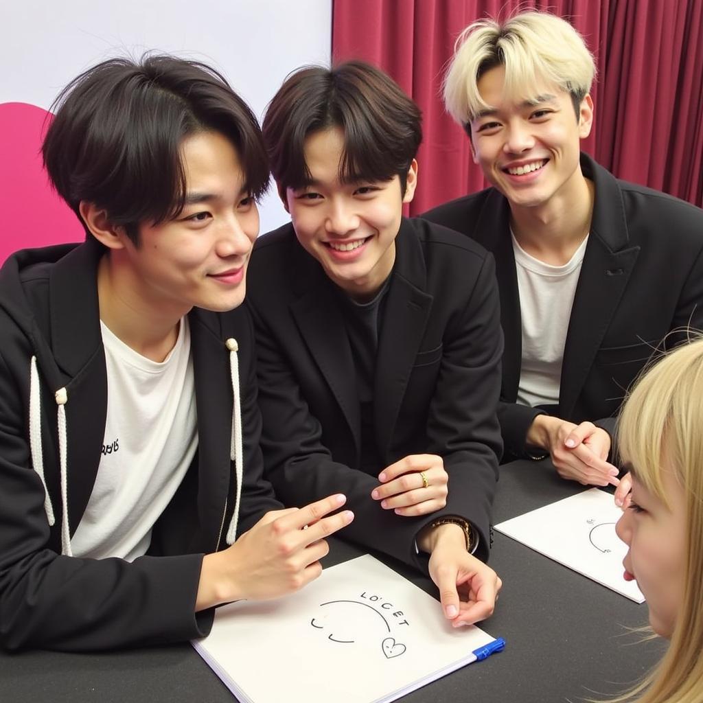 NU'EST members smiling and interacting playfully with fans during a fansign event