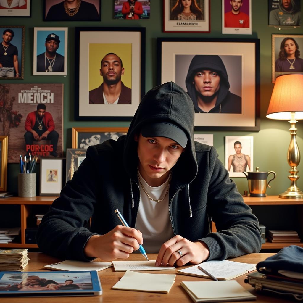 A person hunched over a desk writing a letter, surrounded by Eminem merchandise.