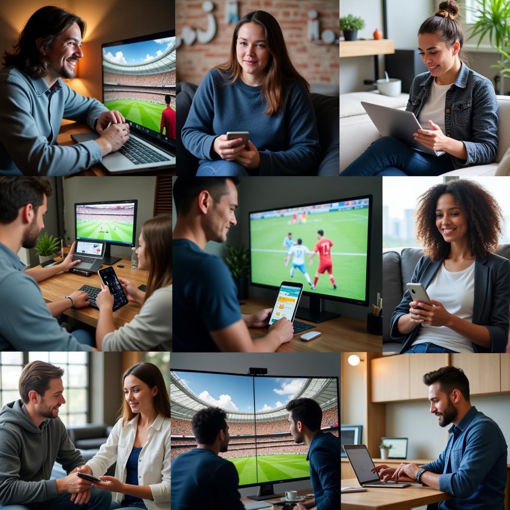 Fans watching football on various devices