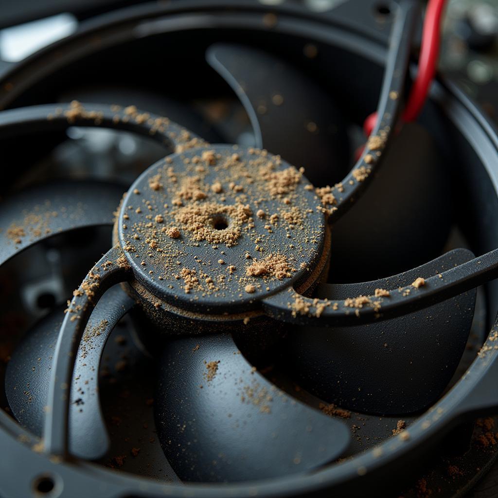 Computer fan working overtime with visible dust buildup