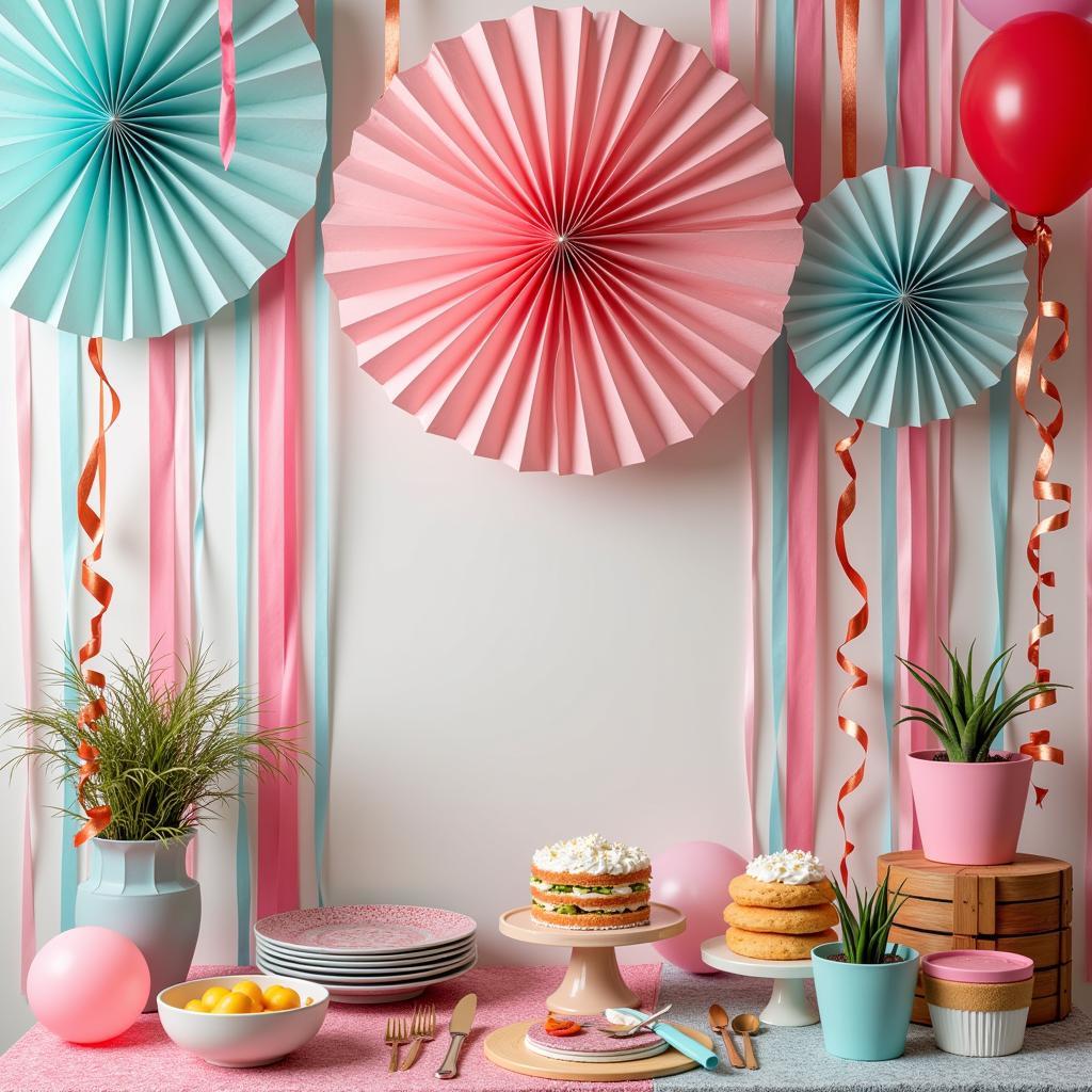 Paper fan party decor with streamers and balloons