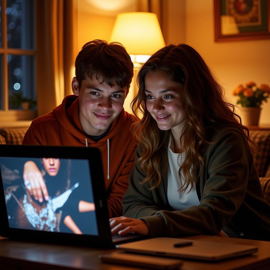 A parent and child engaged in a conversation, both looking at a laptop screen with smiles on their faces.