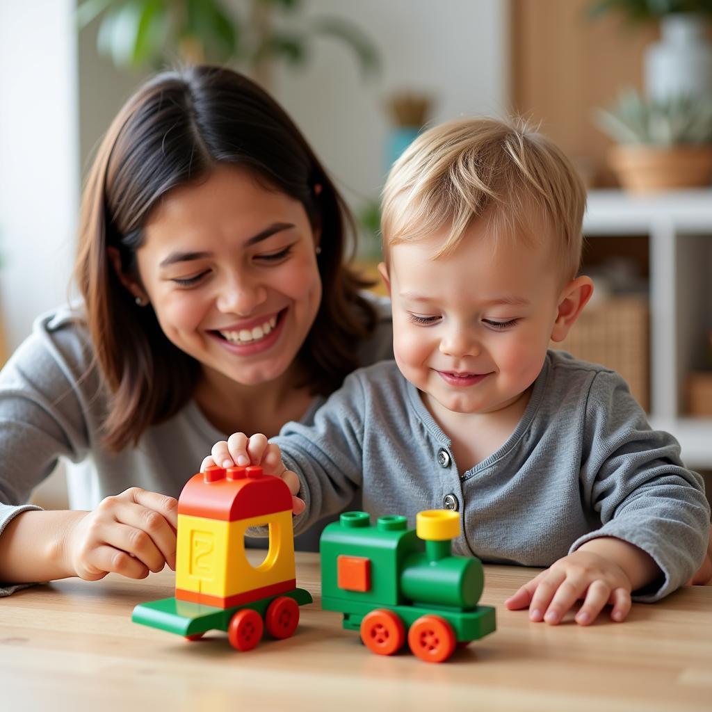 A parent and child interacting with a Duplo train set