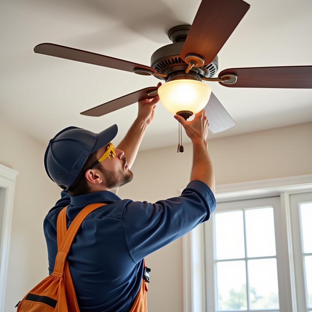 Certified electrician installing a ceiling fan in a Pasadena home