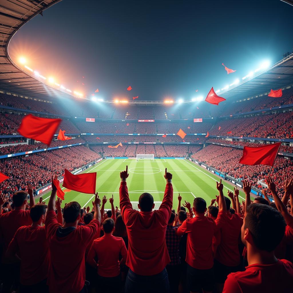 Football fans cheering passionately in a packed stadium