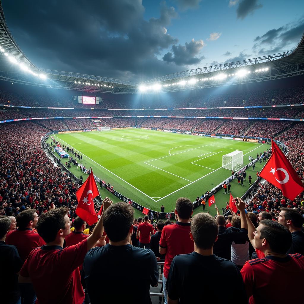 A crowd of football fans cheering enthusiastically during a match