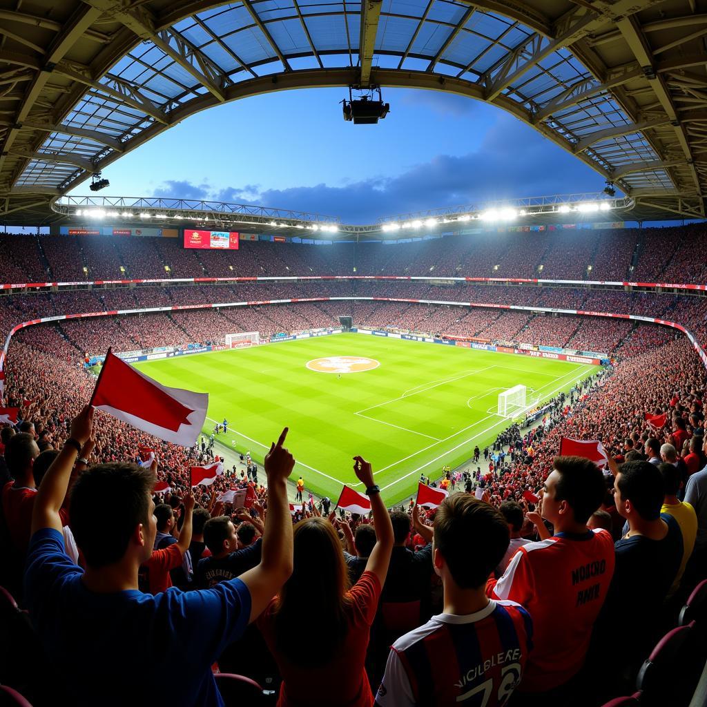 Football fans cheering in a packed stadium