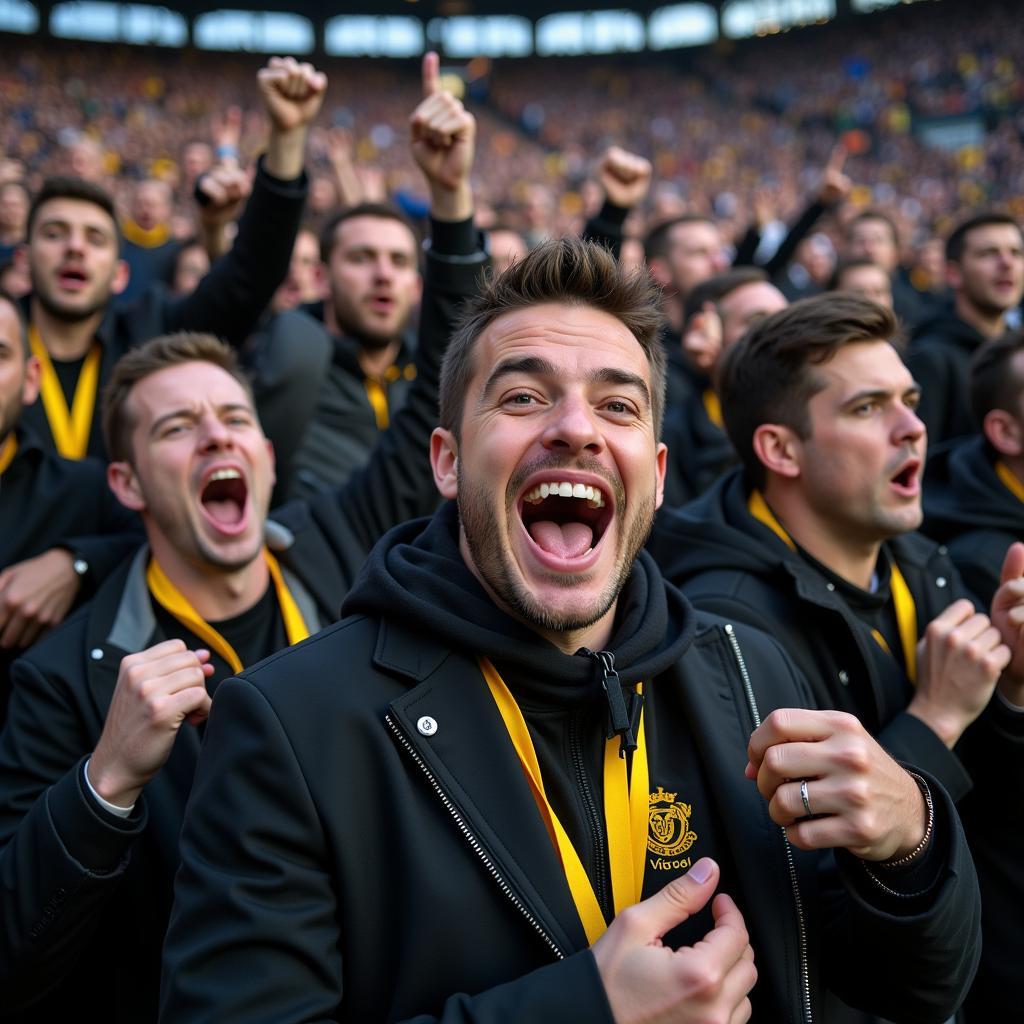 Football fans celebrating a goal